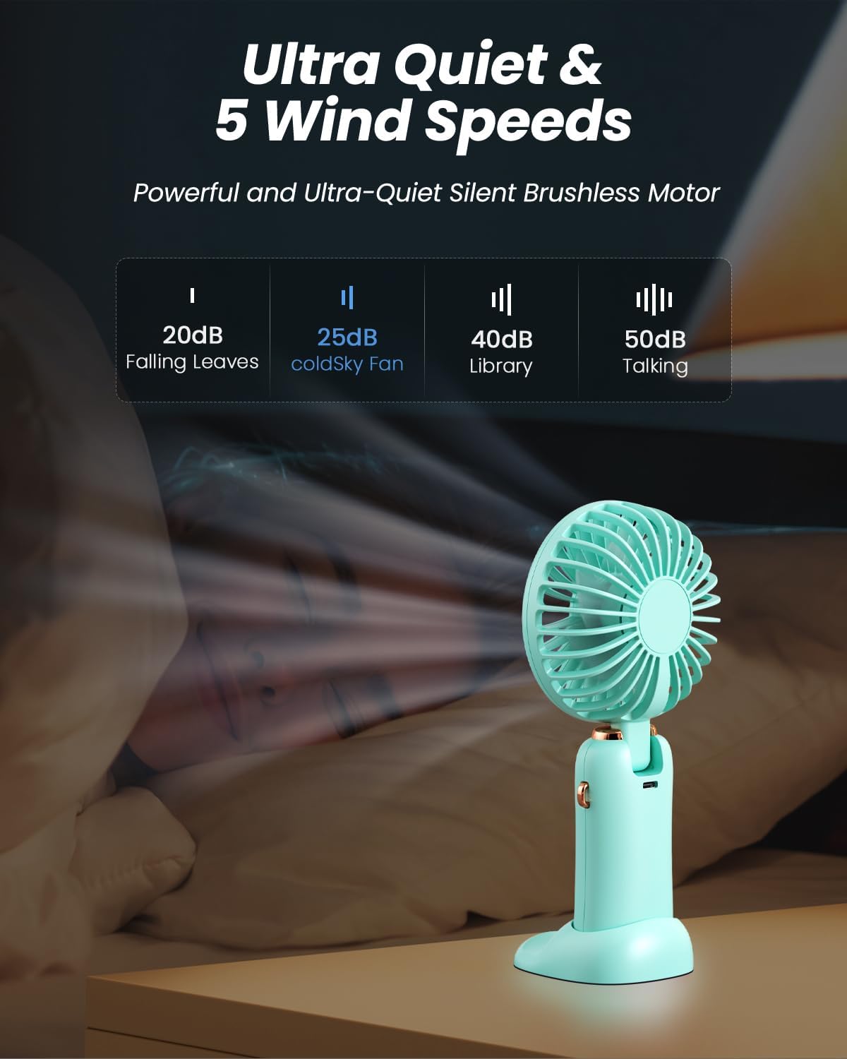coldSky Portable Handheld Fan, 4000mAh Battery Operated Fan with LED Display, Handheld/Neck/Desk 3 in 1 Personal Small Fans, 90° Foldable Desk Fan with Base, 5 Speed Makeup Lash Fan for Women Green - Image 7