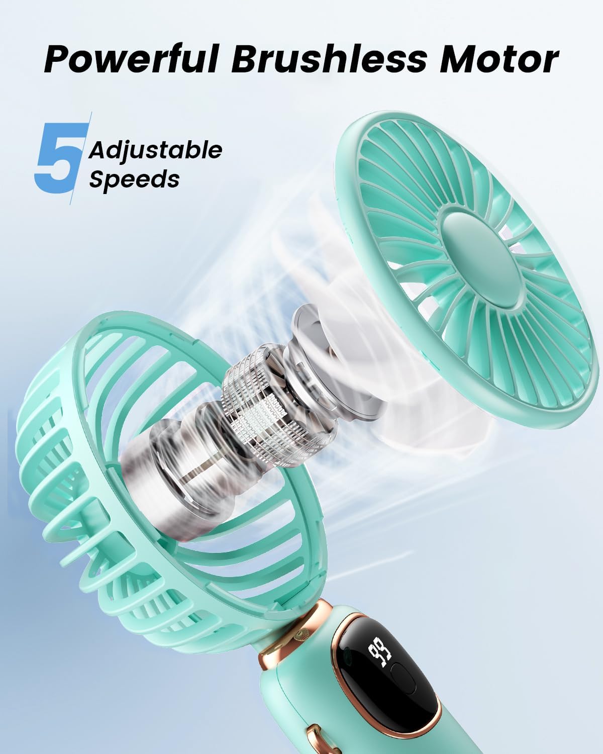 coldSky Portable Handheld Fan, 4000mAh Battery Operated Fan with LED Display, Handheld/Neck/Desk 3 in 1 Personal Small Fans, 90° Foldable Desk Fan with Base, 5 Speed Makeup Lash Fan for Women Green - Image 6