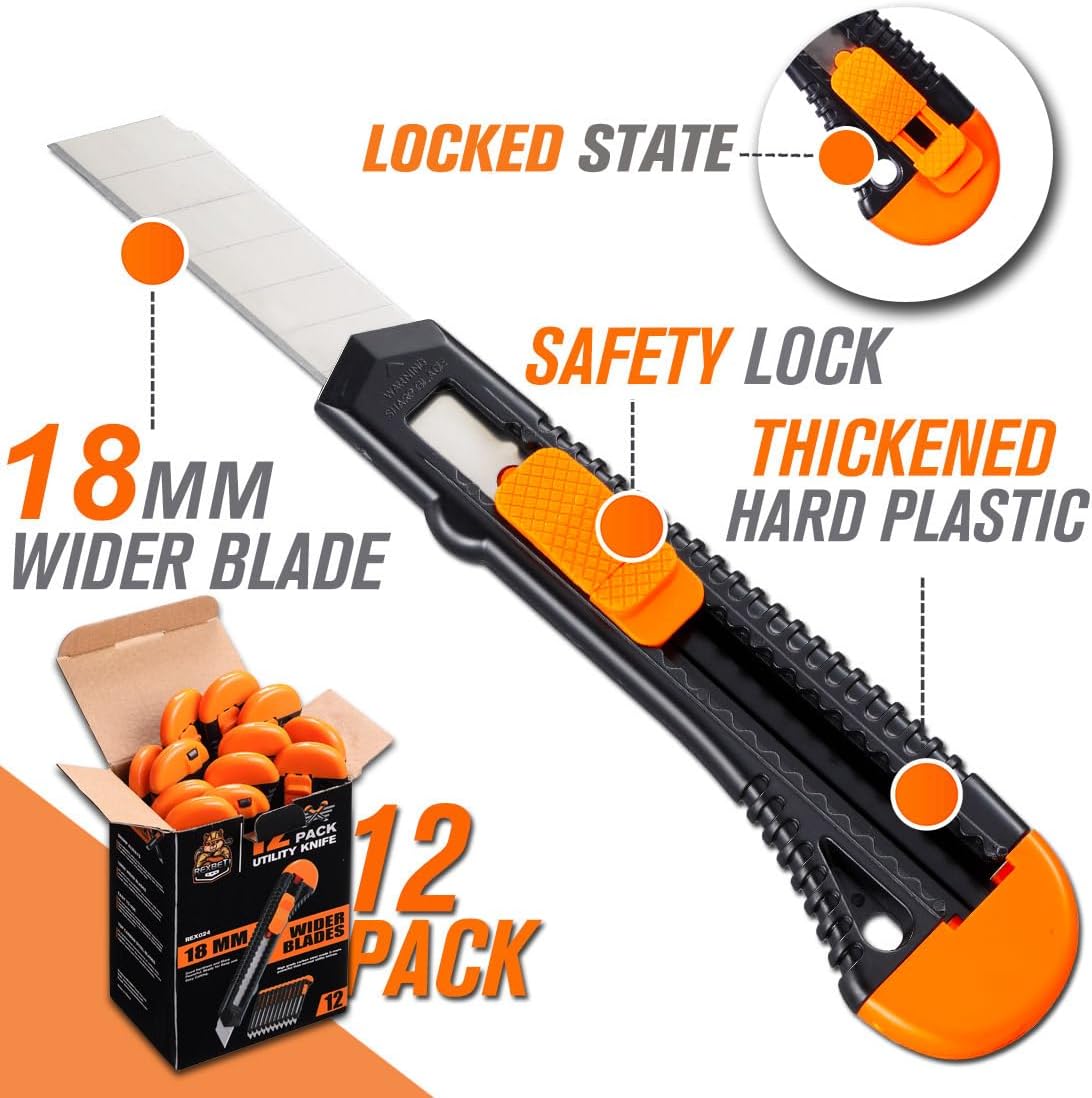 REXBETI 12-Pack Utility Knife, Retractable Box Cutter for Cartons, Cardboard and Boxes, 18mm Wider Razor Sharp Blade, Smooth Mechanism, Perfect for Office and Home use - Image 2