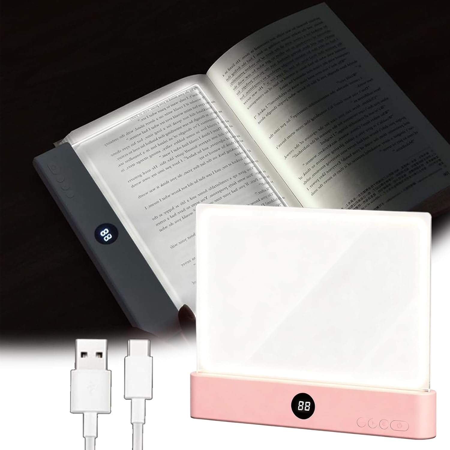 Smart Reading Light, 2026 Upgrade Rechargeable Clear LED Flat Book Light with 3 Colors & Timer, Book Page Light with Brightness Adjustment, Book Light for Reading in Bed (Pink)