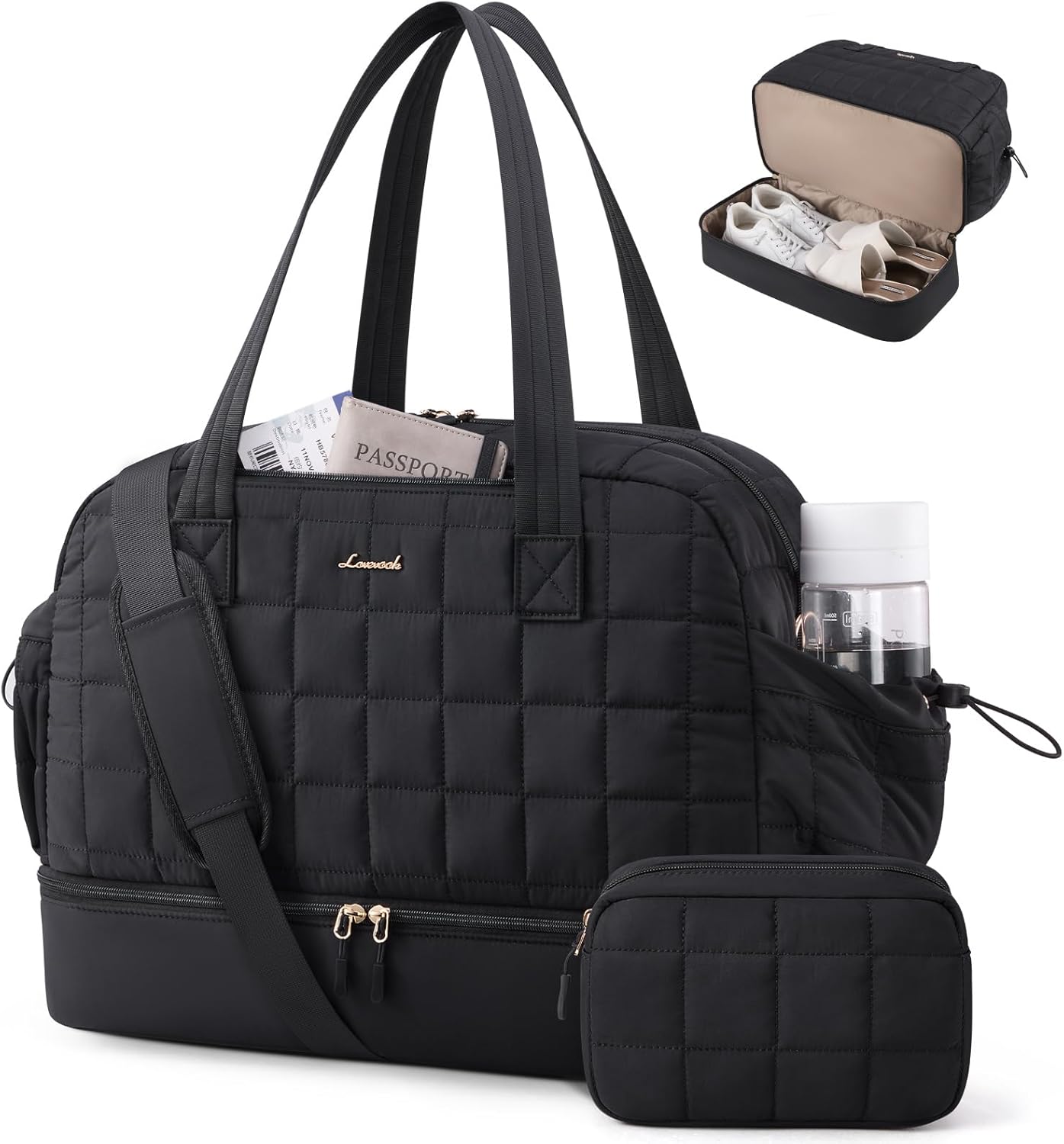 LOVEVOOK Large Travel Duffle Bag, Women's Weekender & Overnight Bag with Shoe Compartment, Airplane Carry On, Machine Washable, Lightweight, Utility Style, Black