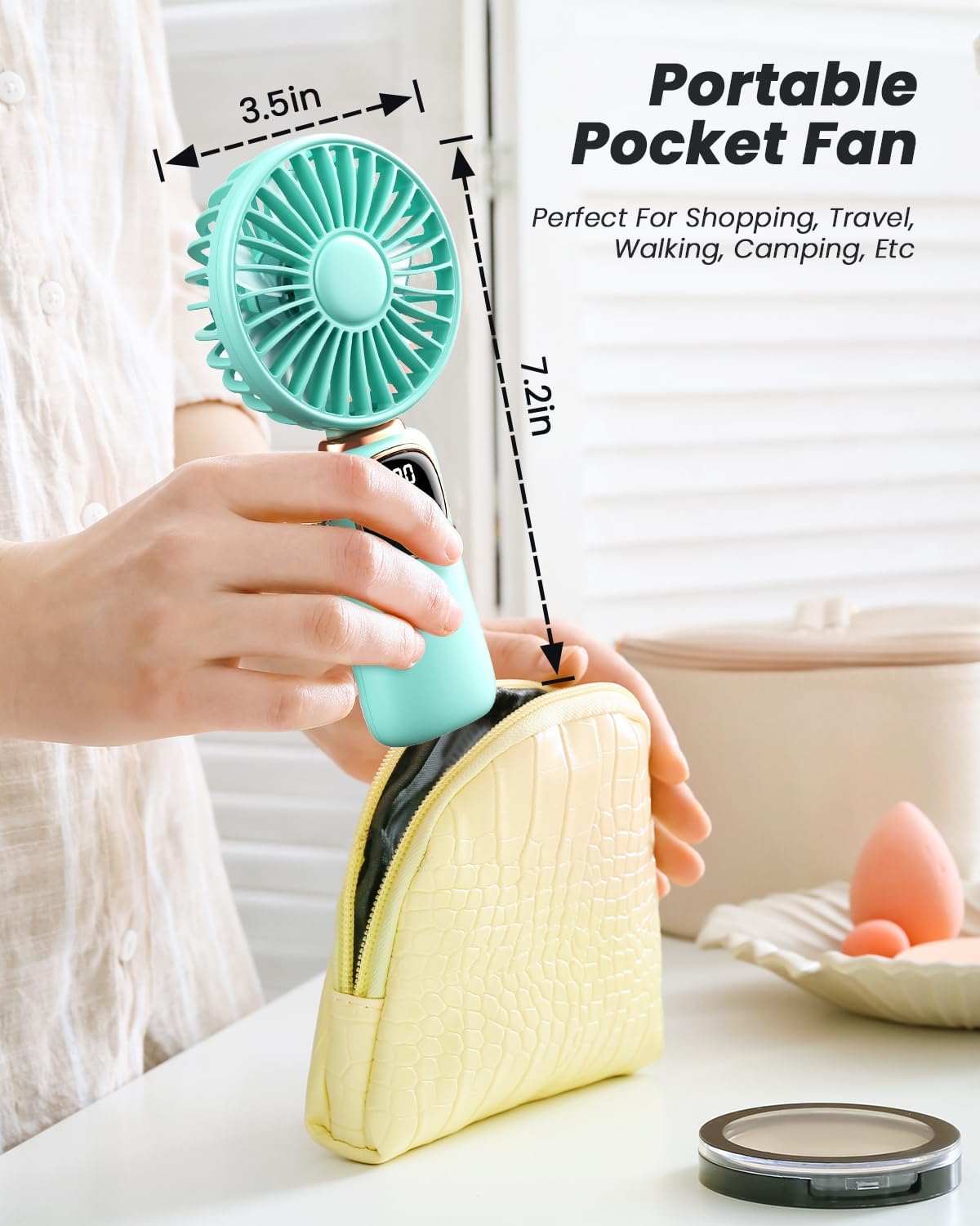 coldSky Portable Handheld Fan, 4000mAh Battery Operated Fan with LED Display, Handheld/Neck/Desk 3 in 1 Personal Small Fans, 90° Foldable Desk Fan with Base, 5 Speed Makeup Lash Fan for Women Green - Image 8