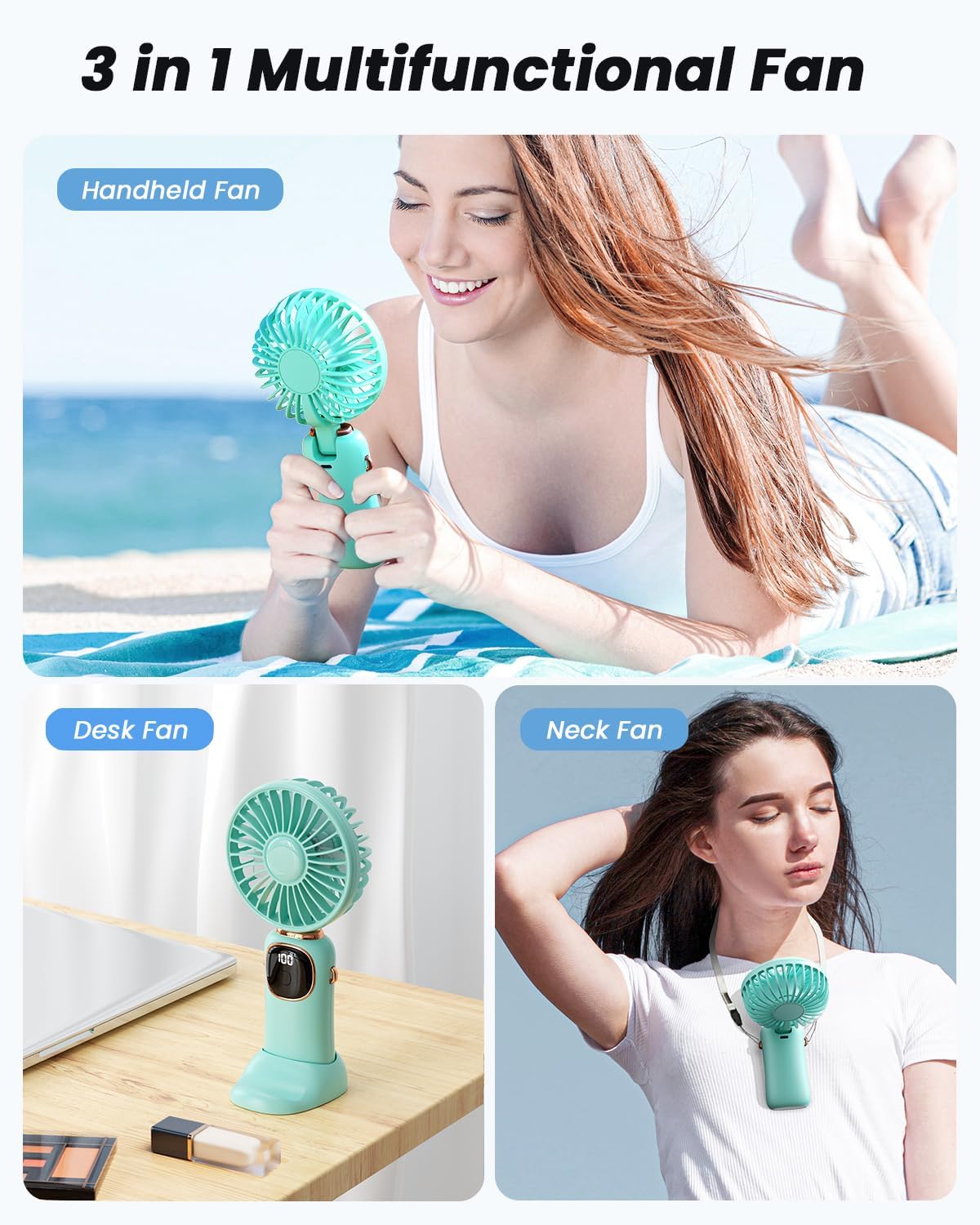 coldSky Portable Handheld Fan, 4000mAh Battery Operated Fan with LED Display, Handheld/Neck/Desk 3 in 1 Personal Small Fans, 90° Foldable Desk Fan with Base, 5 Speed Makeup Lash Fan for Women Green - Image 2
