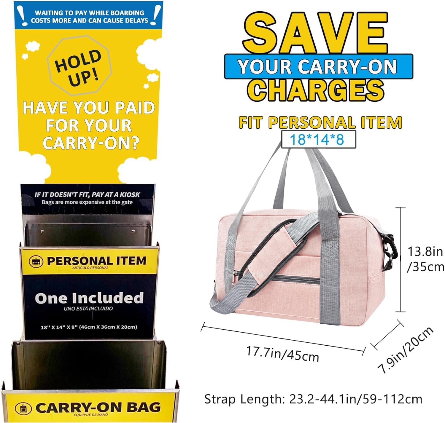 For Spirit Airlines Personal Item Bag 18x14x8 in Underseat Carry-on Luggage foldable Travel Duffle Bag for Airplanes(30L, Pink) - Image 3