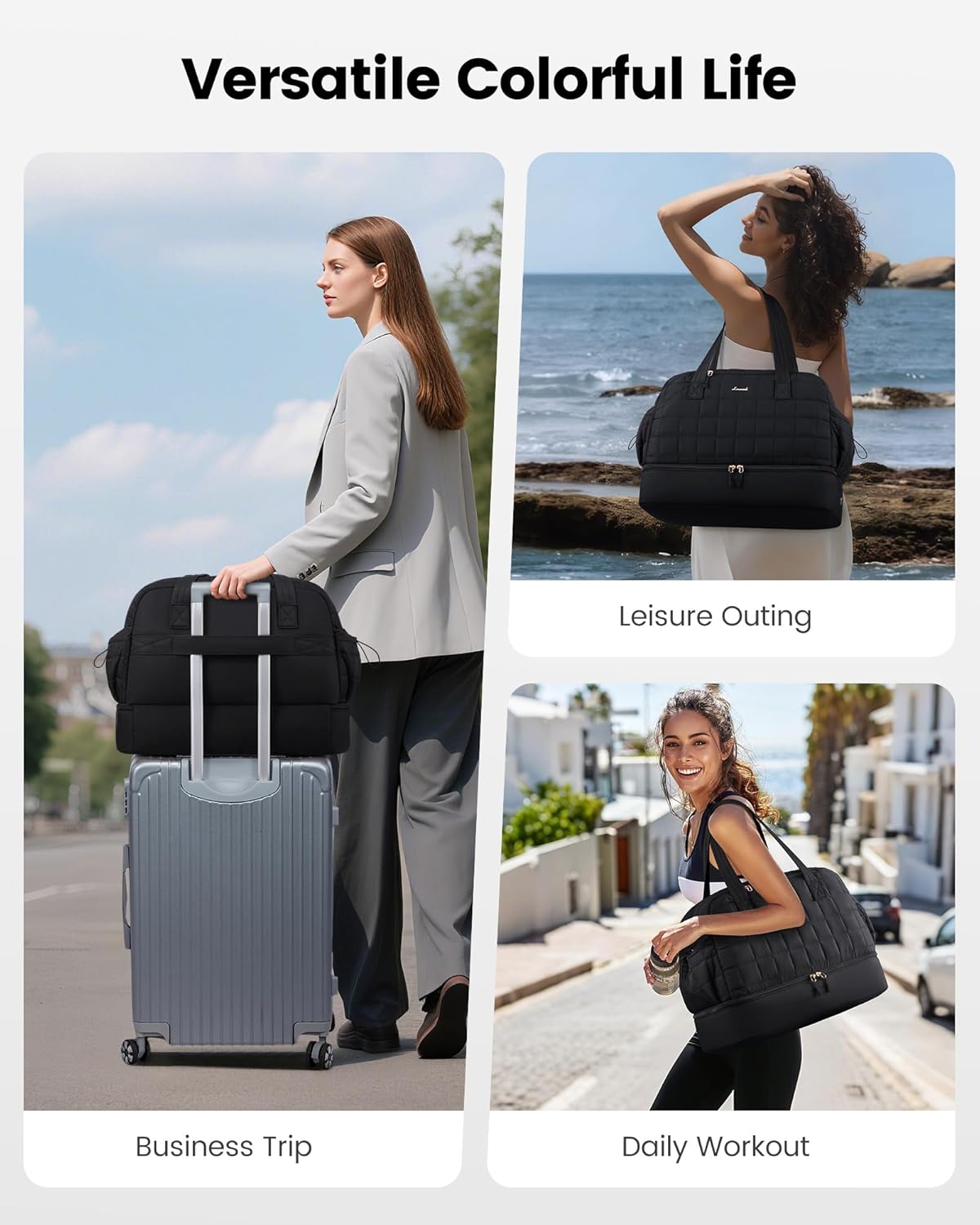 LOVEVOOK Large Travel Duffle Bag, Women's Weekender & Overnight Bag with Shoe Compartment, Airplane Carry On, Machine Washable, Lightweight, Utility Style, Black - Image 2