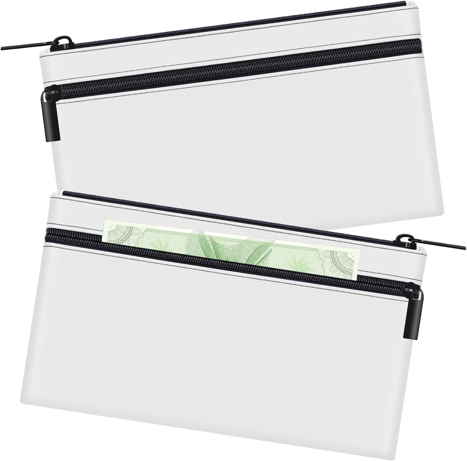 HAUTOCO 2 Pack Money Bag with Zipper 11x6.1 inch Money Pouch with Lined PU Leather Bank Bag Two Pockets Utility Wallet for Cash Check Receipt Coins Cosmetics, White