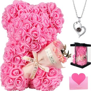 Romantic Valentines Day Gifts for Her,Artificial Rose Teddy Bear with I Love You Necklace in 100 Languages Gift Set, the Perfect Anniversary or Birthday Present for Girlfriend, Wife, or Mom (Pink )