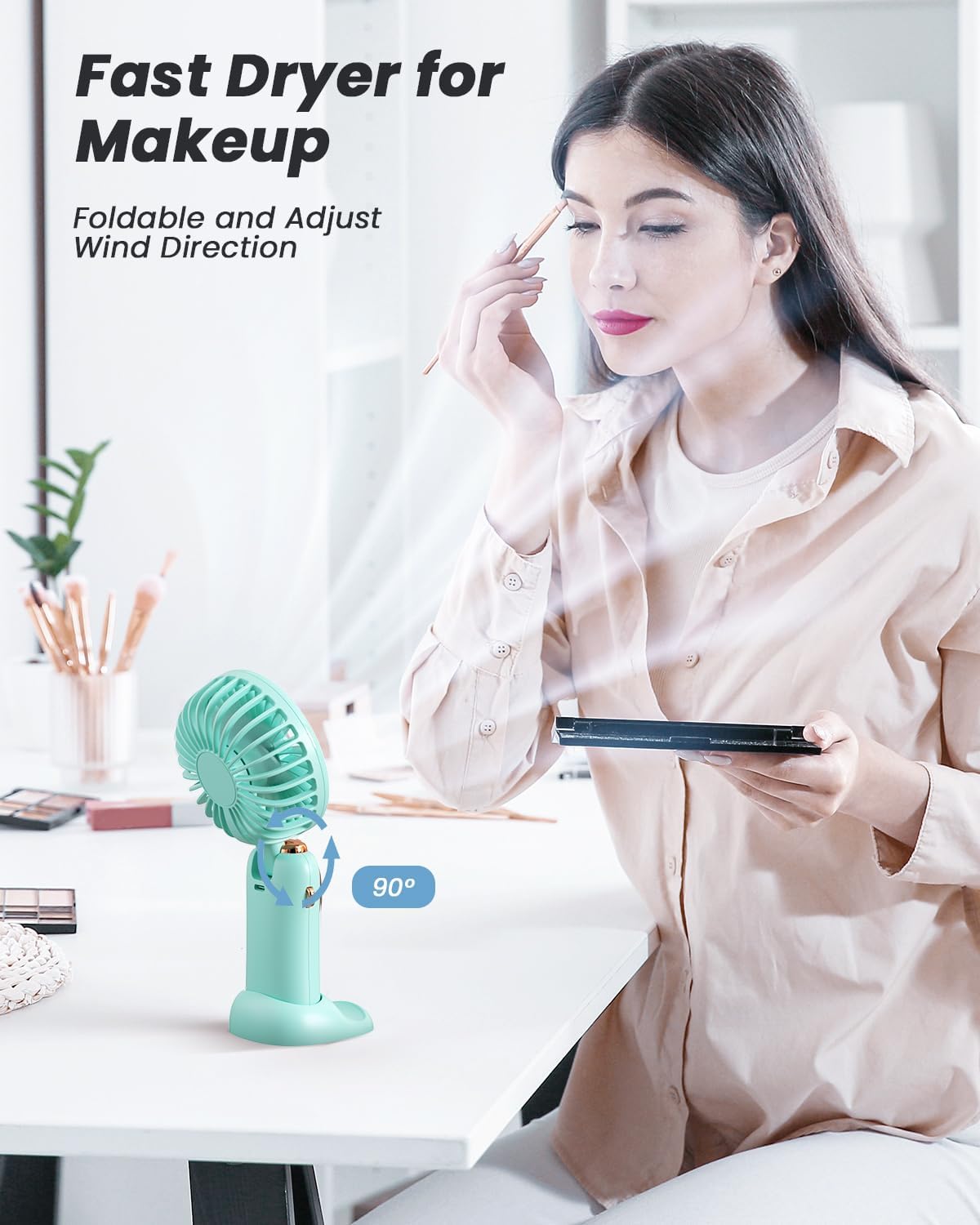 coldSky Portable Handheld Fan, 4000mAh Battery Operated Fan with LED Display, Handheld/Neck/Desk 3 in 1 Personal Small Fans, 90° Foldable Desk Fan with Base, 5 Speed Makeup Lash Fan for Women Green - Image 5
