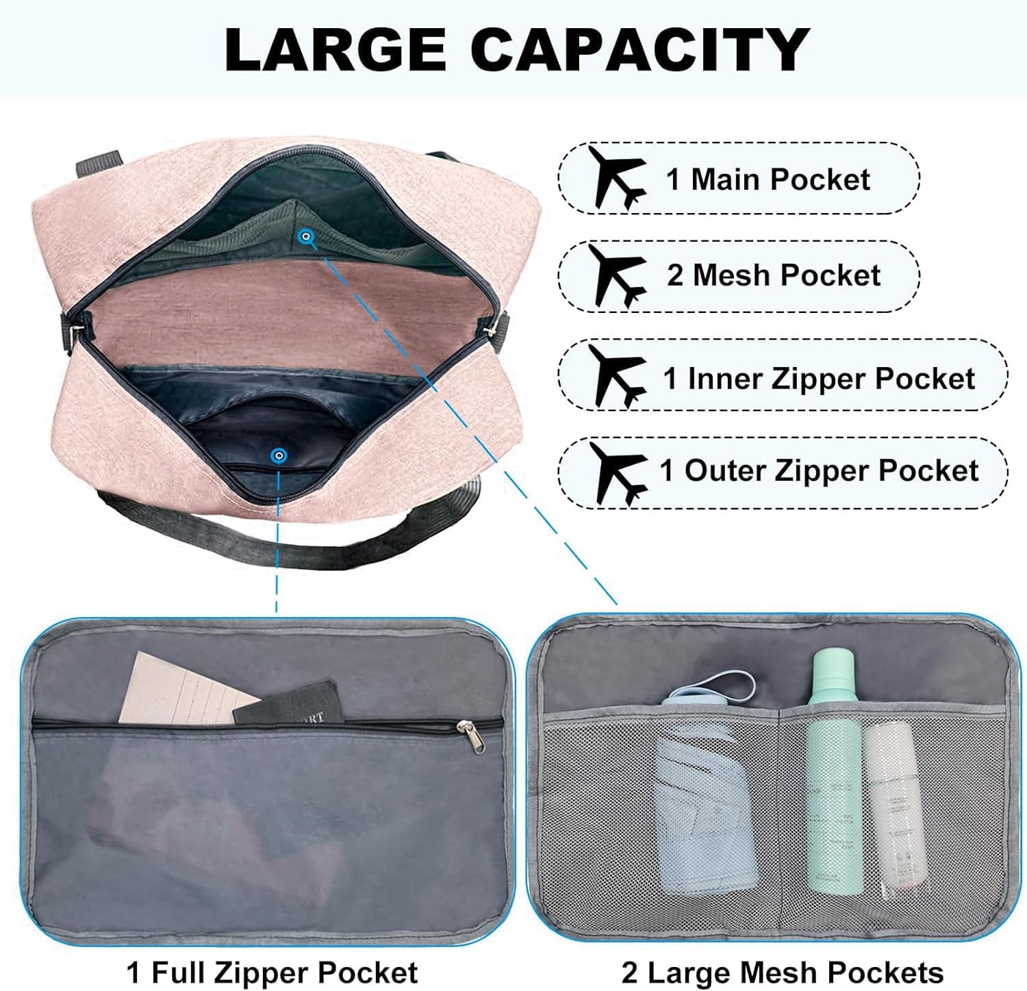 For Spirit Airlines Personal Item Bag 18x14x8 in Underseat Carry-on Luggage foldable Travel Duffle Bag for Airplanes(30L, Pink) - Image 4
