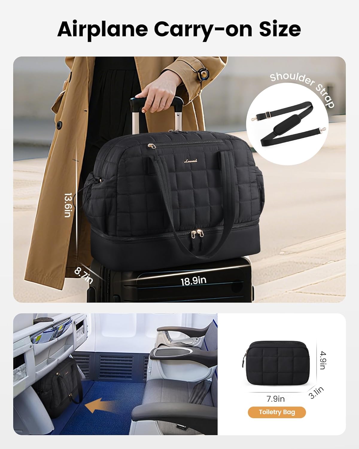 LOVEVOOK Large Travel Duffle Bag, Women's Weekender & Overnight Bag with Shoe Compartment, Airplane Carry On, Machine Washable, Lightweight, Utility Style, Black - Image 5