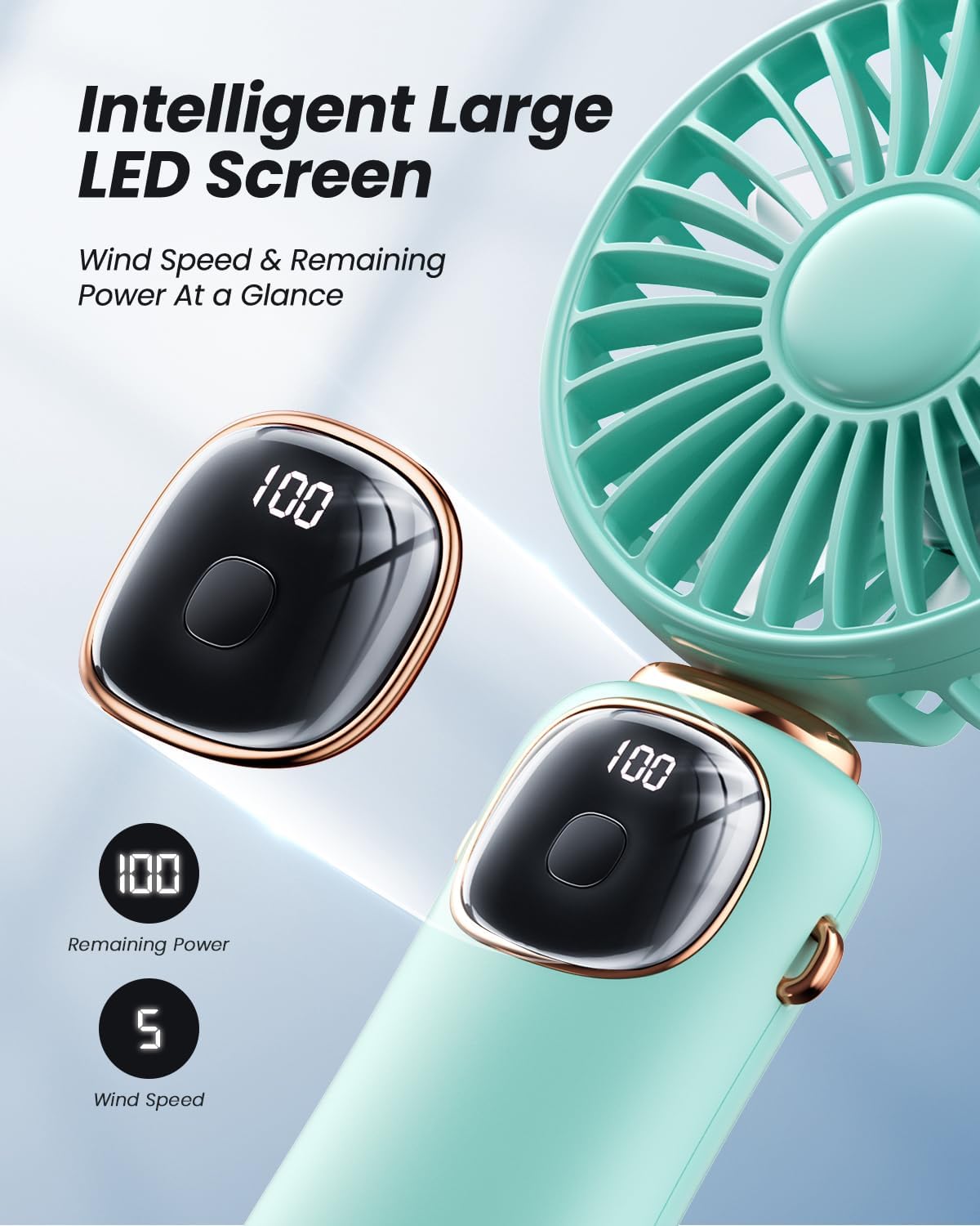 coldSky Portable Handheld Fan, 4000mAh Battery Operated Fan with LED Display, Handheld/Neck/Desk 3 in 1 Personal Small Fans, 90° Foldable Desk Fan with Base, 5 Speed Makeup Lash Fan for Women Green - Image 3