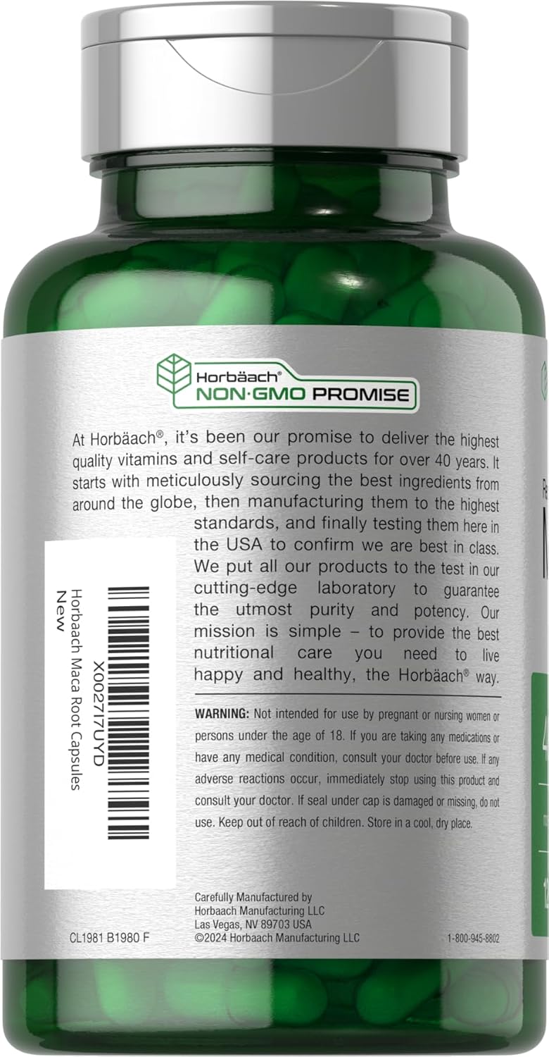 Horbäach Maca Root Capsules for Men and Women | 120 Pills | High Potency Extract | Non-GMO and Gluten Free Formula - Image 3