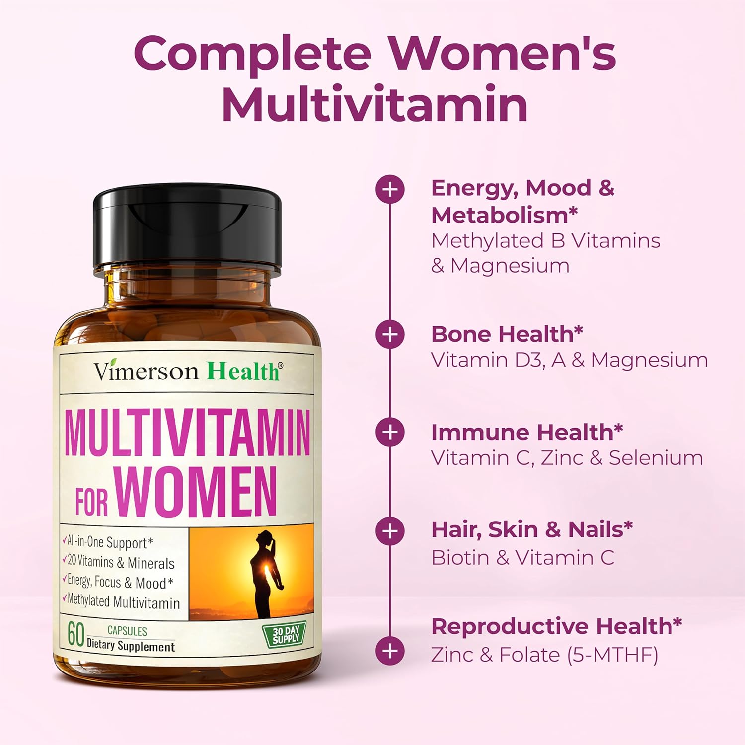 Methylated Multivitamin for Women w/Bioavailable Vitamins, Chelated Minerals, Vitamin D, B12, C, A & Zinc for Energy, Focus and Immune Health – Premium Womens Multivitamins & Multiminerals – 60 Caps - Image 5