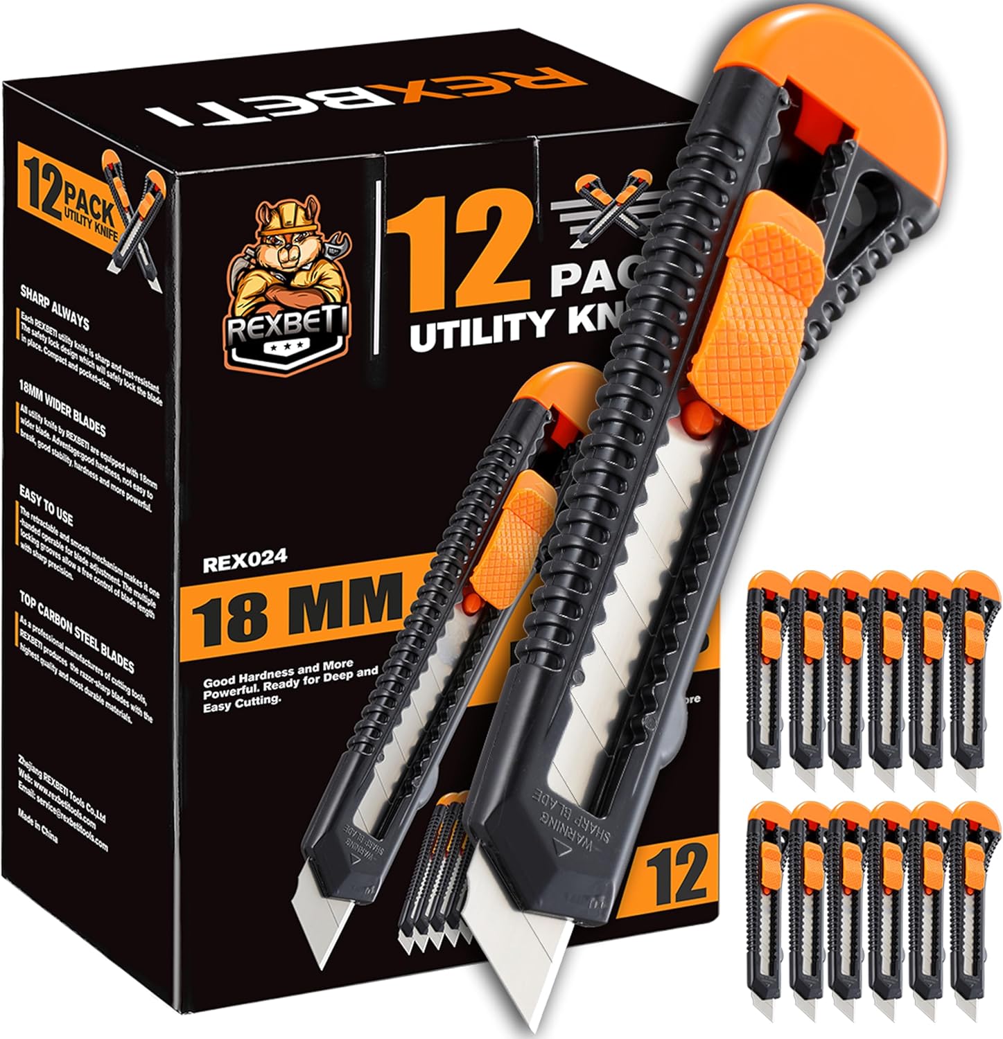 REXBETI 12-Pack Utility Knife, Retractable Box Cutter for Cartons, Cardboard and Boxes, 18mm Wider Razor Sharp Blade, Smooth Mechanism, Perfect for Office and Home use