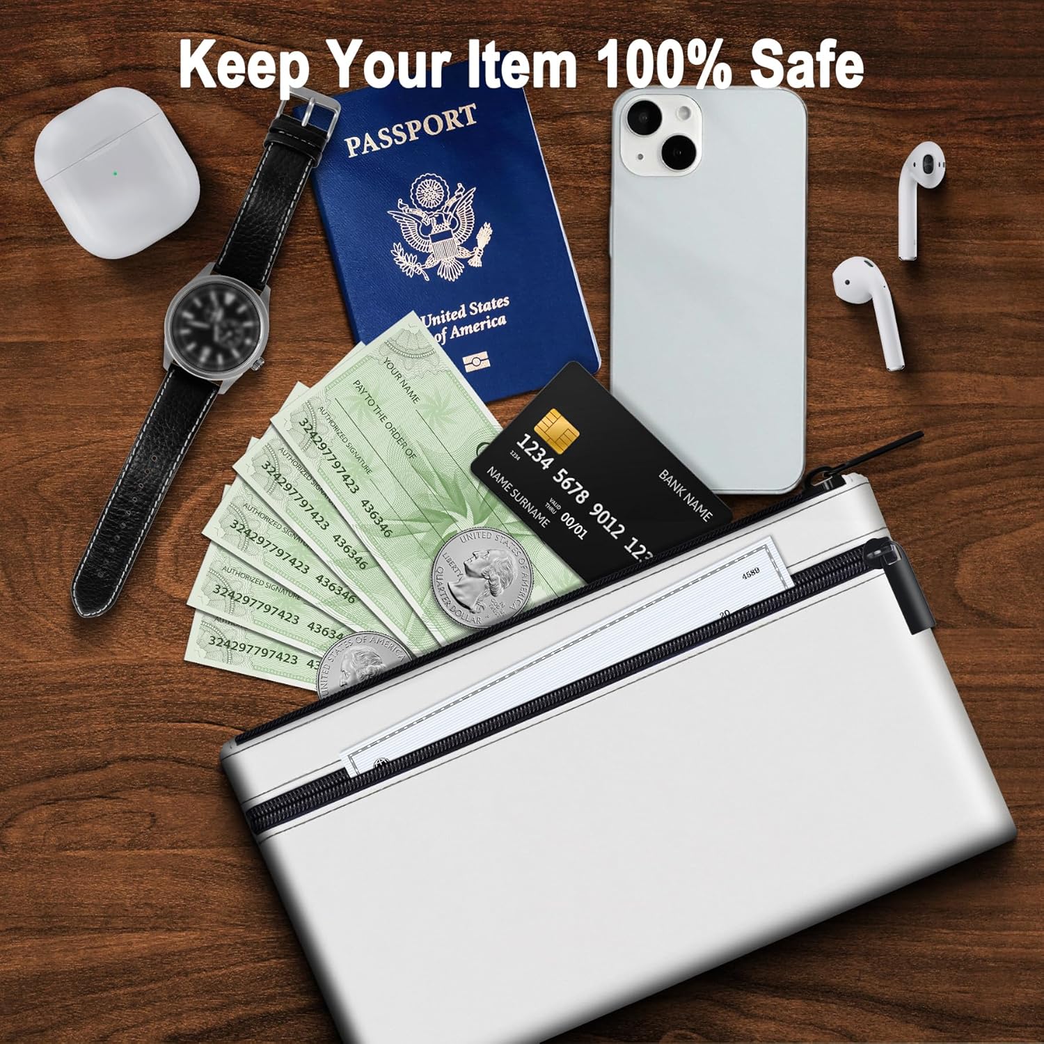 HAUTOCO 2 Pack Money Bag with Zipper 11x6.1 inch Money Pouch with Lined PU Leather Bank Bag Two Pockets Utility Wallet for Cash Check Receipt Coins Cosmetics, White - Image 4