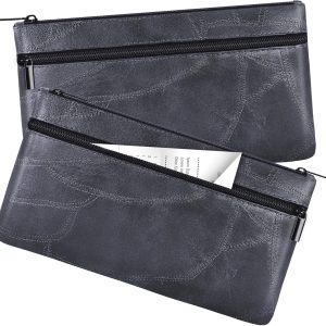 HAUTOCO 2 Pcs Money Bag with Zipper 11 x 6.1 inch Embossed Deposit Money Pouch with Lined PU Leather Bank Bag Two Pockets Utility Wallet for Cash Check Receipt Coins Cosmetics, Black